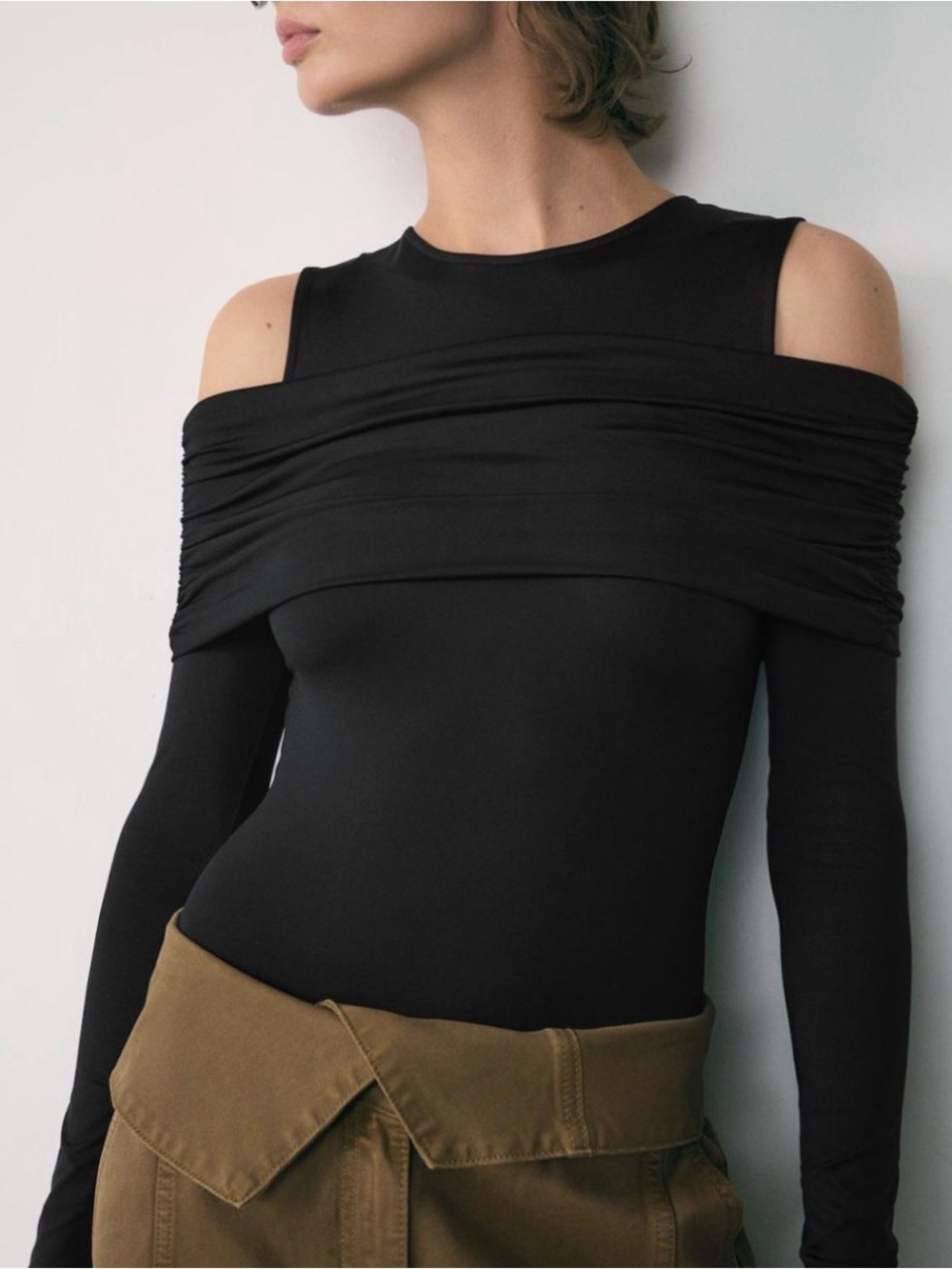 Mango Black Cold-Shoulder Long Sleeve Bodysuit